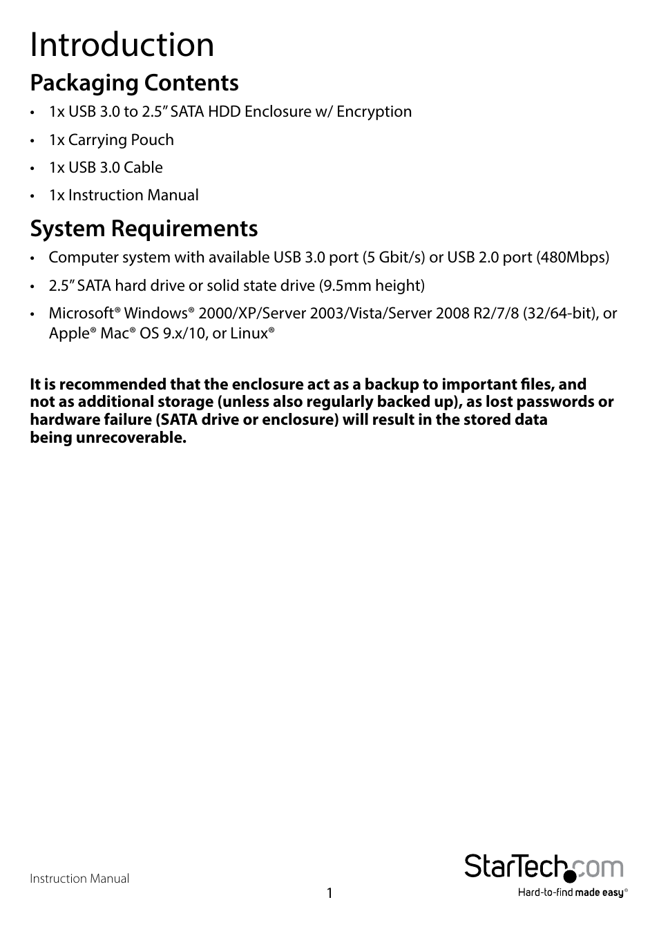 Introduction, Packaging contents, System requirements | Packaging contents system requirements | StarTech.com S2510BU3PWPS User Manual | Page 4 / 12
