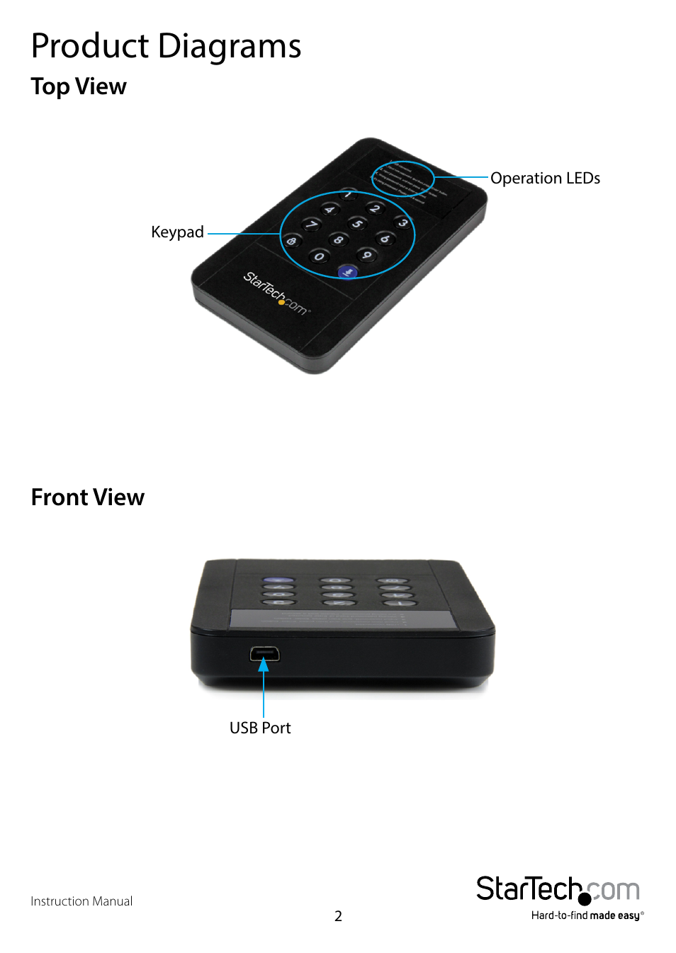 Product diagrams, Top view, Front view | Top view front view | StarTech.com S2510BU3PWPS User Manual | Page 5 / 12