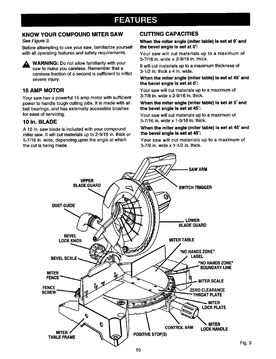 Know your compound miter saw, 15 amp motor, 10 in. blade | Cutting capacities, Features, Figure 3 | Craftsman 315.212130 User Manual | Page 10 / 36