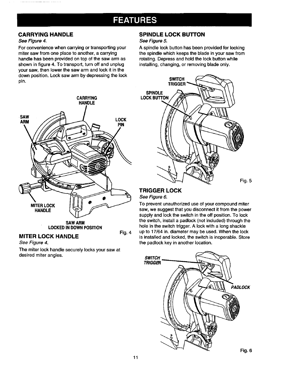 Carrying handle, Miter lock handle, Spindle lock button | Trigger lock, Features, Switch trigger padlock | Craftsman 315.212130 User Manual | Page 11 / 36