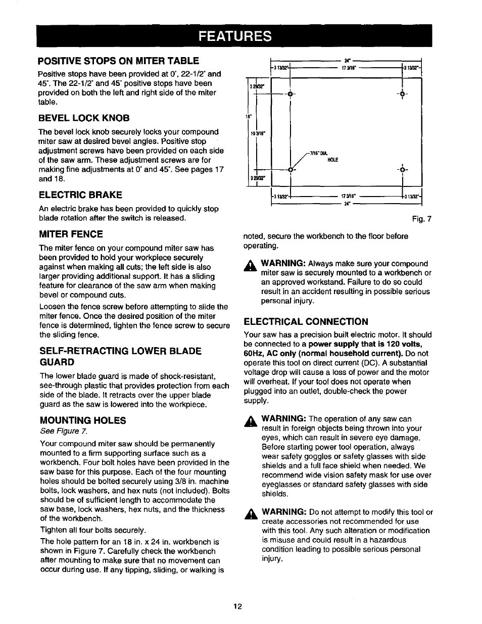 Positive stops on miter table, Bevel lock knob, Electric brake | Miter fence, Self-retracting lower blade guard, Mounting holes, Electrical connection, Features | Craftsman 315.212130 User Manual | Page 12 / 36