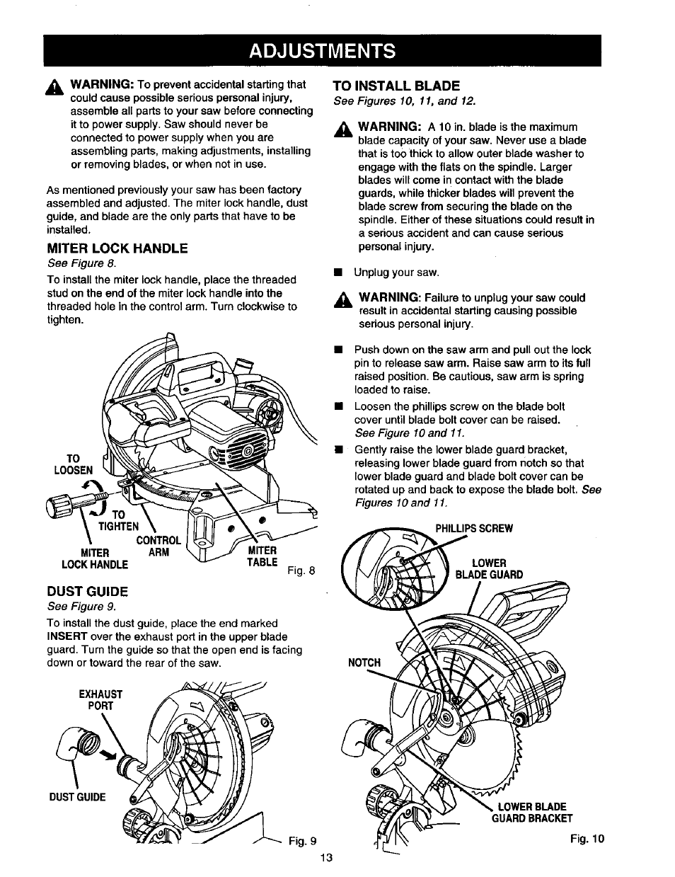 Miter lock handle, Dust guide, To install blade | Adjustments | Craftsman 315.212130 User Manual | Page 13 / 36