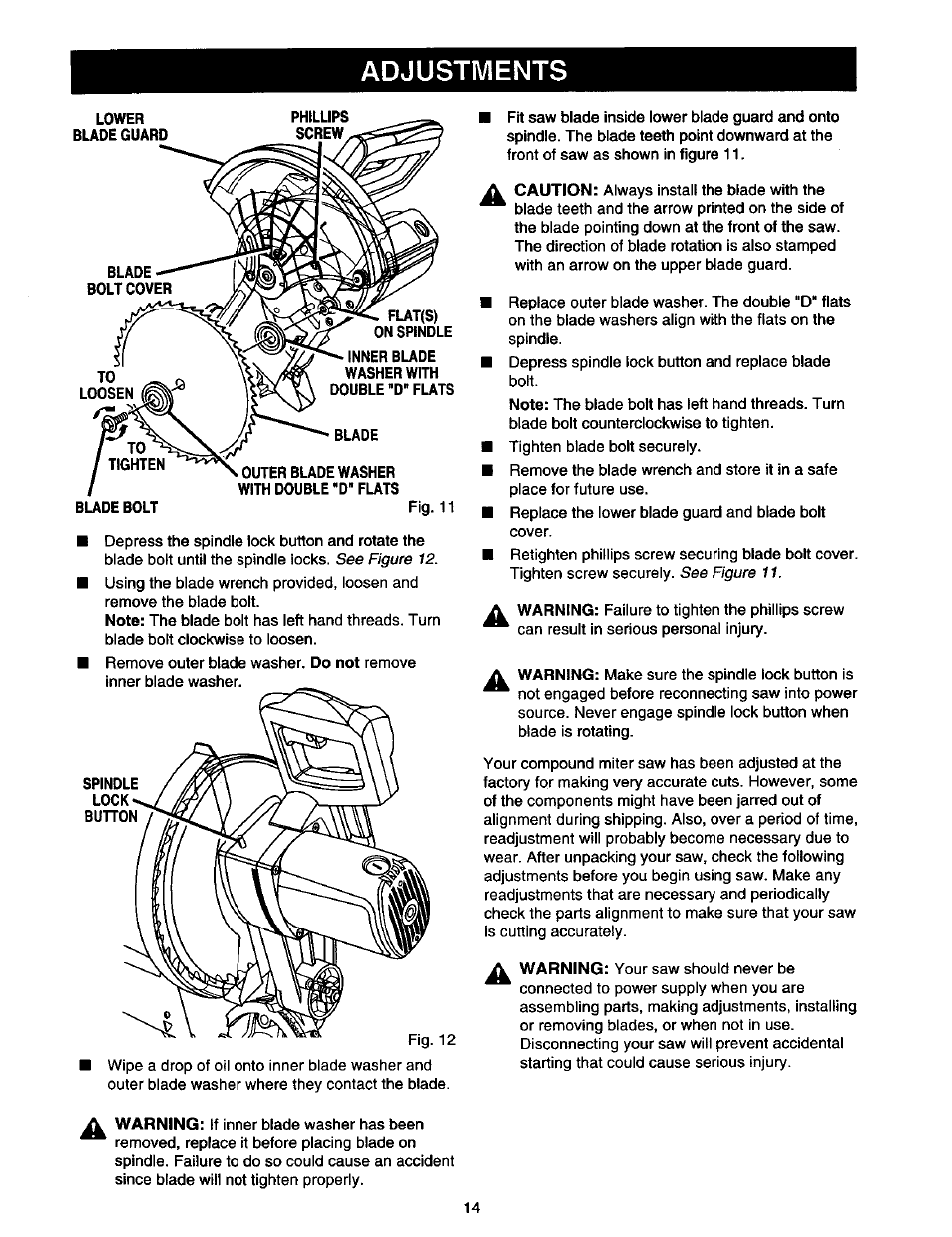 Adjustments, See figure 12, See figure 11 | Craftsman 315.212130 User Manual | Page 14 / 36