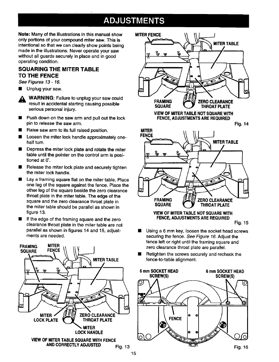 Squaring the miter table to the fence, Sqjê, Adjustments | Craftsman 315.212130 User Manual | Page 15 / 36