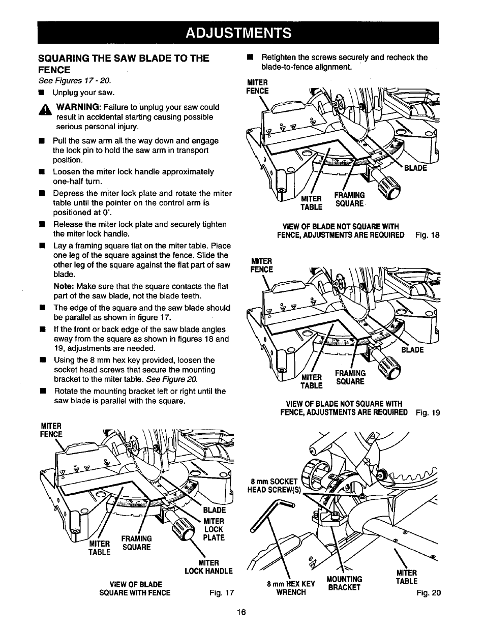 Squaring the saw blade to the fence, Adjustments | Craftsman 315.212130 User Manual | Page 16 / 36