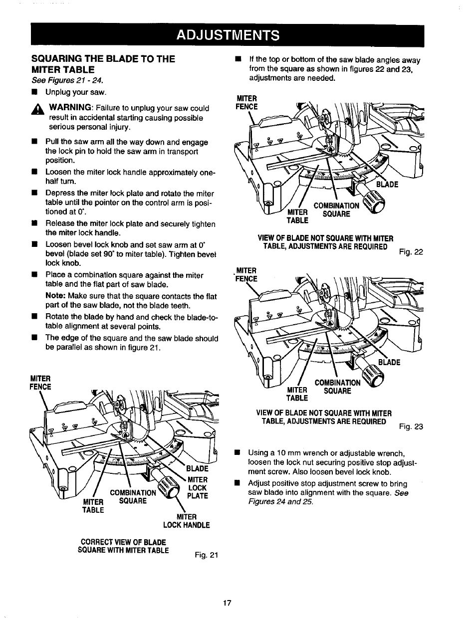 Squaring the blade to the miter table, Adjustments, See figures 21-24 | See figures 24 and 25 | Craftsman 315.212130 User Manual | Page 17 / 36