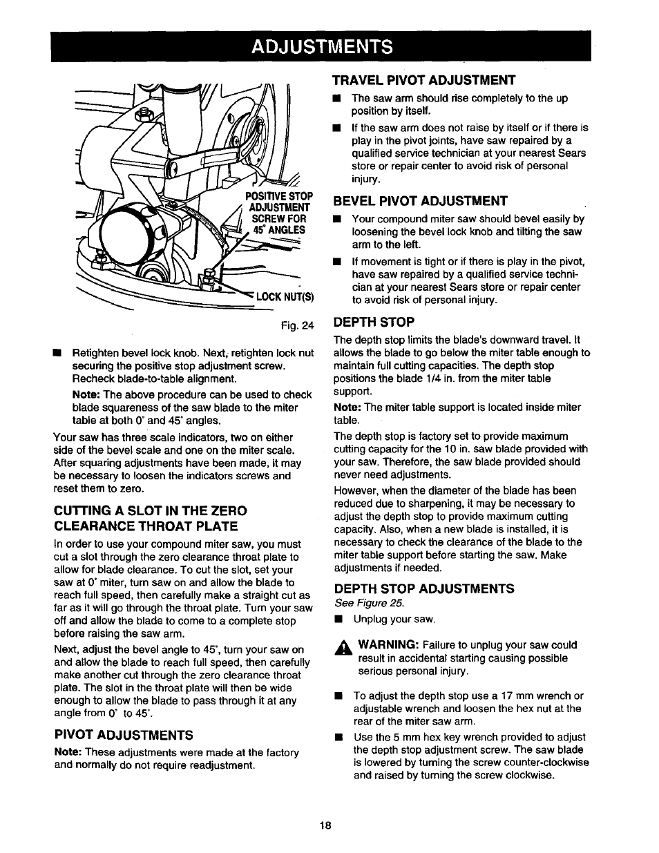 Cutting a slot in the zero clearance throat plate, Pivot adjustments, Travel pivot adjustment | Bevel pivot adjustment, Depth stop, Depth stop adjustments, Adjustments | Craftsman 315.212130 User Manual | Page 18 / 36