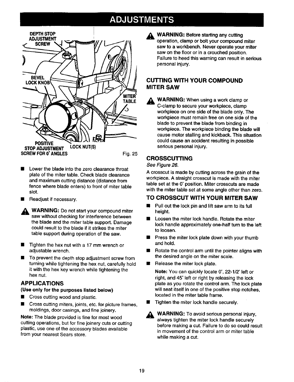 Applications, Cutting with your compound miter saw, Crosscutting | To crosscut with your miter saw, Adjustments | Craftsman 315.212130 User Manual | Page 19 / 36