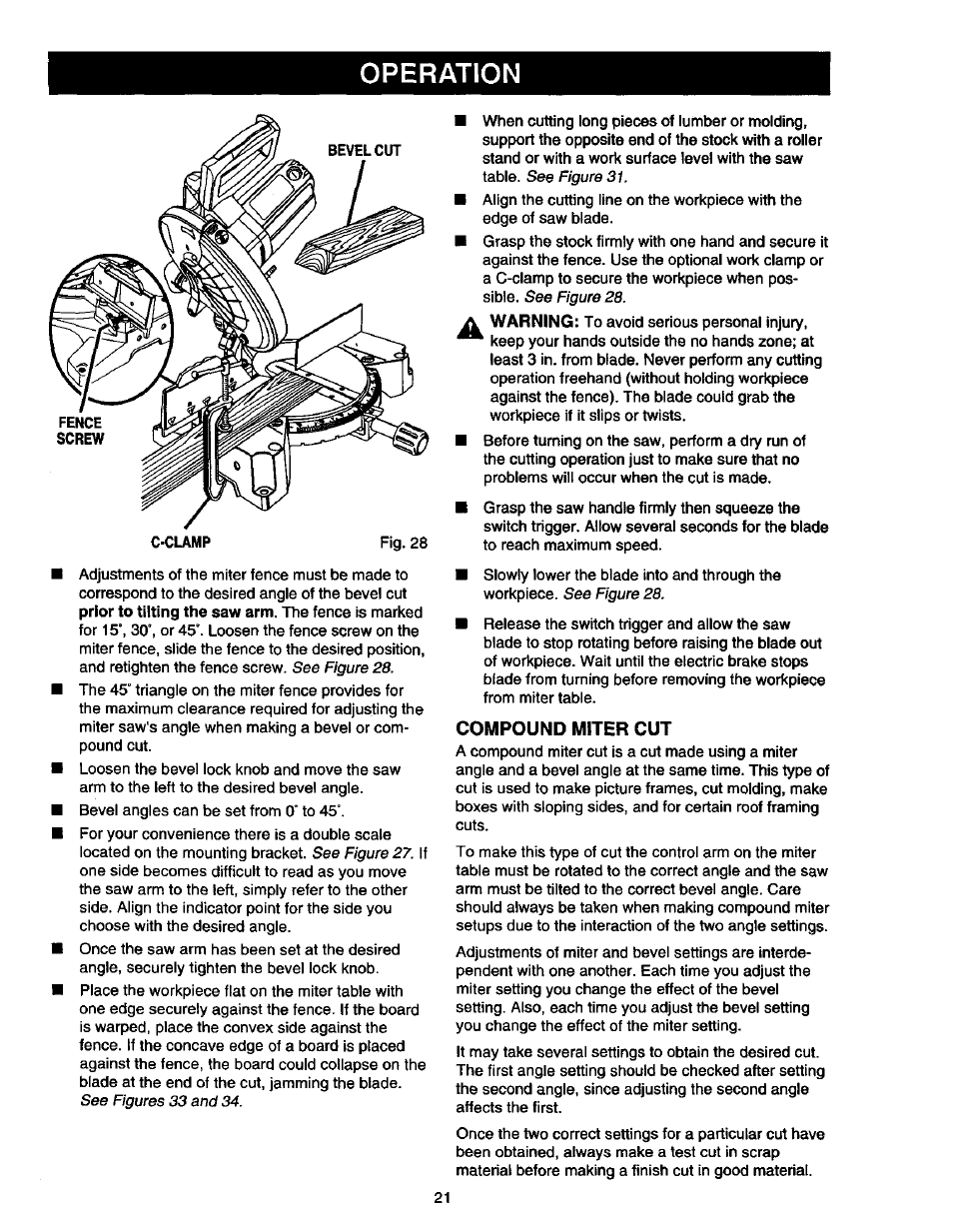 Compound miter cut, Operation | Craftsman 315.212130 User Manual | Page 21 / 36