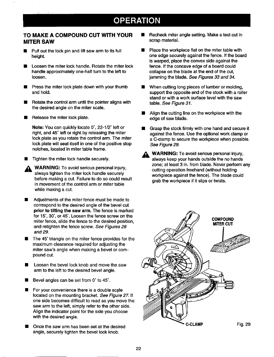 To make a compound cut with your miter saw, Operation, And 29 | See figures 33 and 34, See figure 31, See figure 29 | Craftsman 315.212130 User Manual | Page 22 / 36