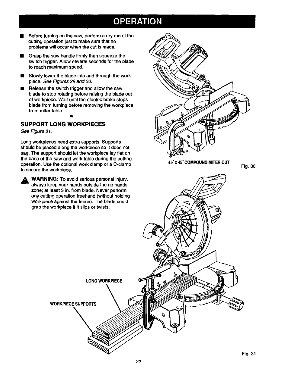 Support long workpieces, Operation, Figures 29 and 30 | Figure 31 | Craftsman 315.212130 User Manual | Page 23 / 36