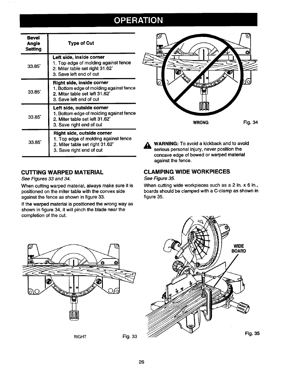 Cutting warped material, Clamping wide workpieces, Operation | Craftsman 315.212130 User Manual | Page 26 / 36