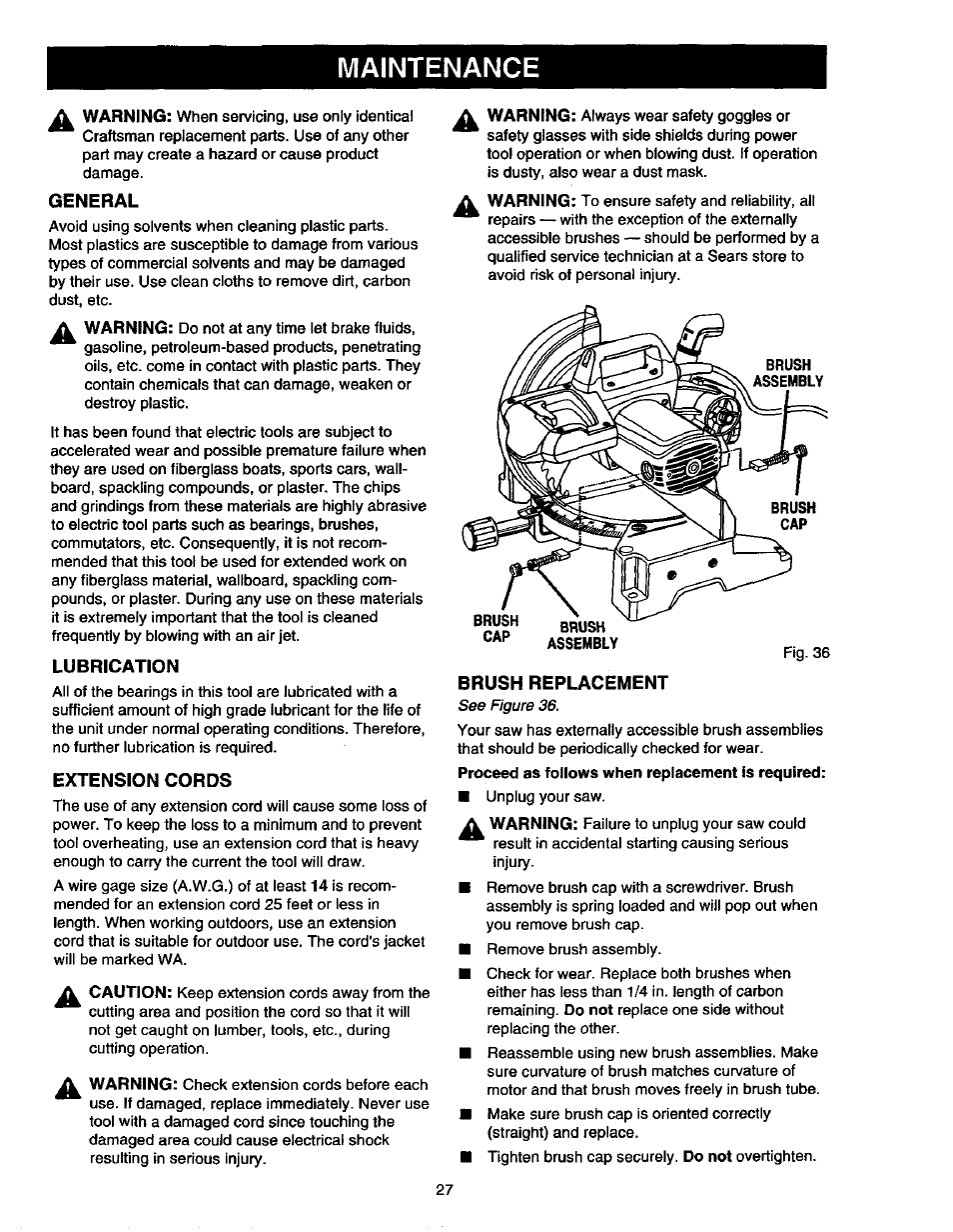 Maintenance, General, Lubrication | Extension cords, Brush replacement | Craftsman 315.212130 User Manual | Page 27 / 36