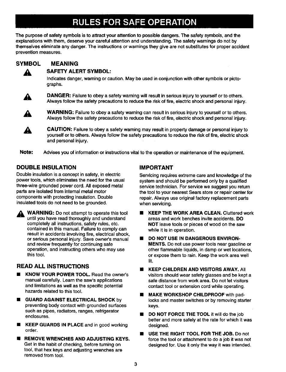 Rules for safe operation, Meaning, Double insulation | Read all instructions, Important, Rules for safe operation -6 | Craftsman 315.212130 User Manual | Page 3 / 36