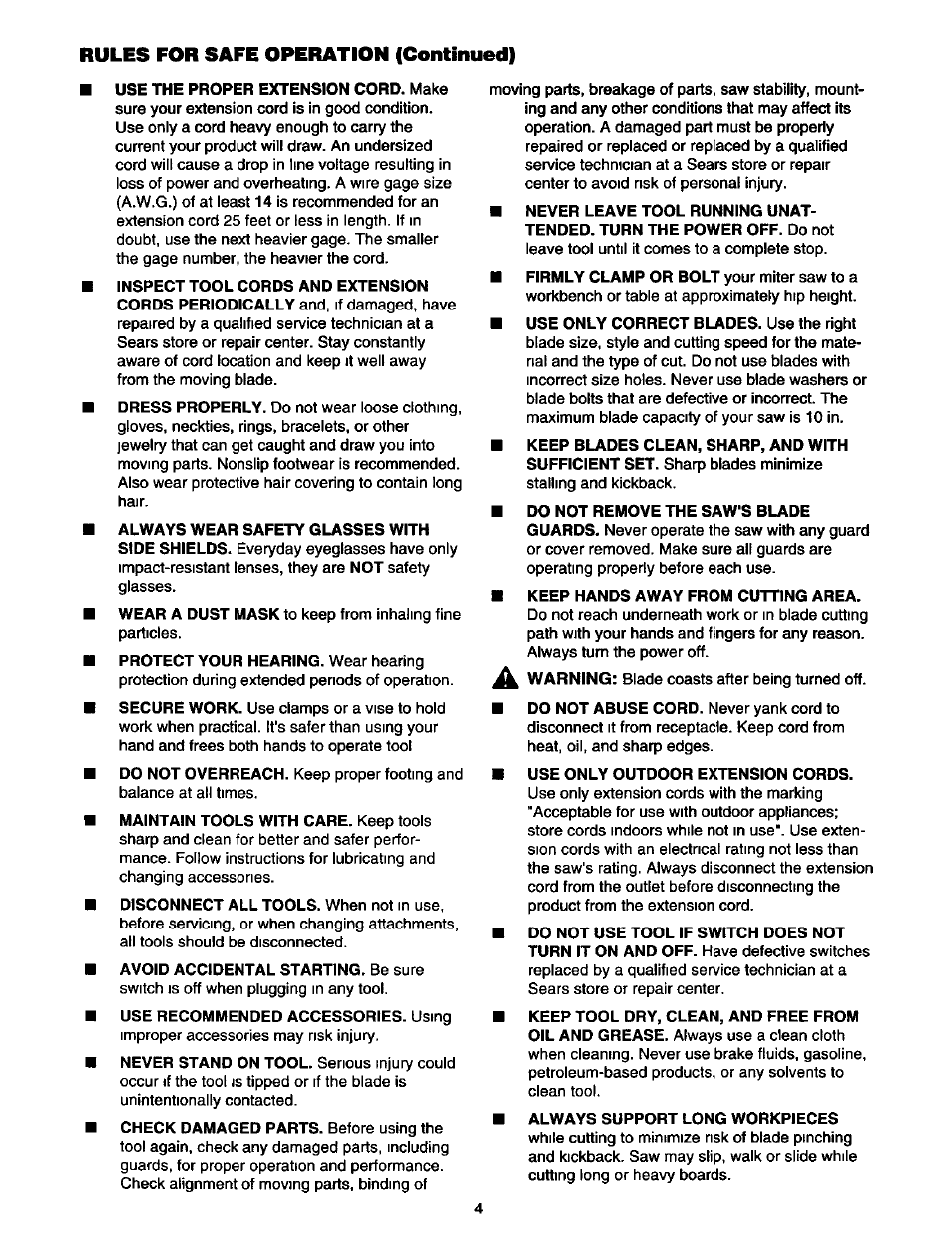 Rules for safe operation (continued), A warning | Craftsman 315.212130 User Manual | Page 4 / 36