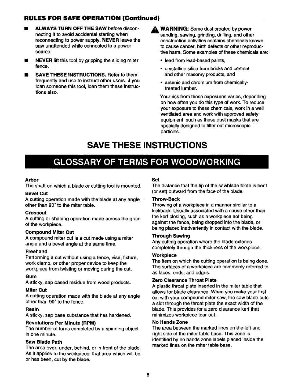 Save these instructions, Glossary of terms for woodworking, Rules for safe operation (continued) | Craftsman 315.212130 User Manual | Page 6 / 36