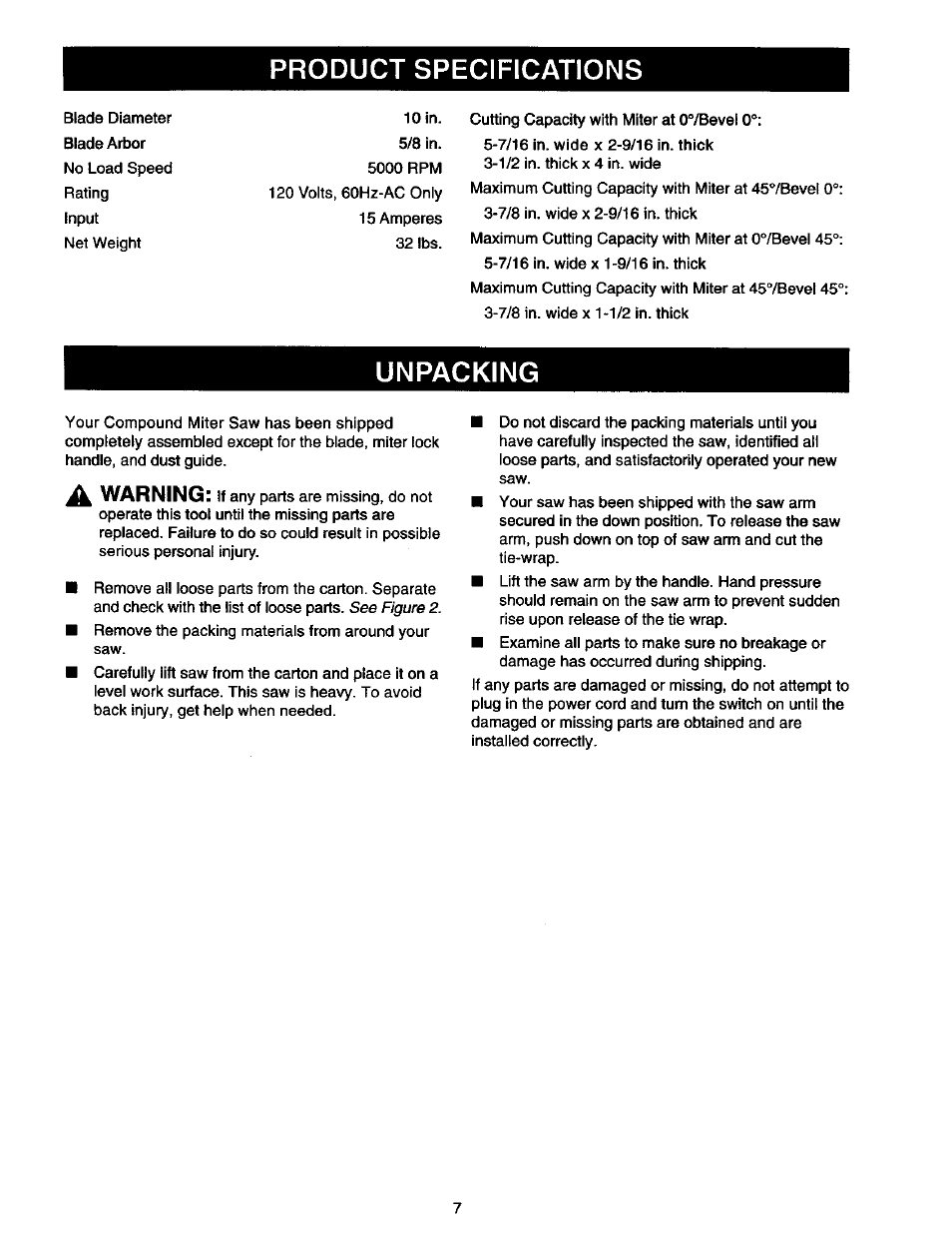 Product specifications, Unpacking, A warning | See figure 2 | Craftsman 315.212130 User Manual | Page 7 / 36