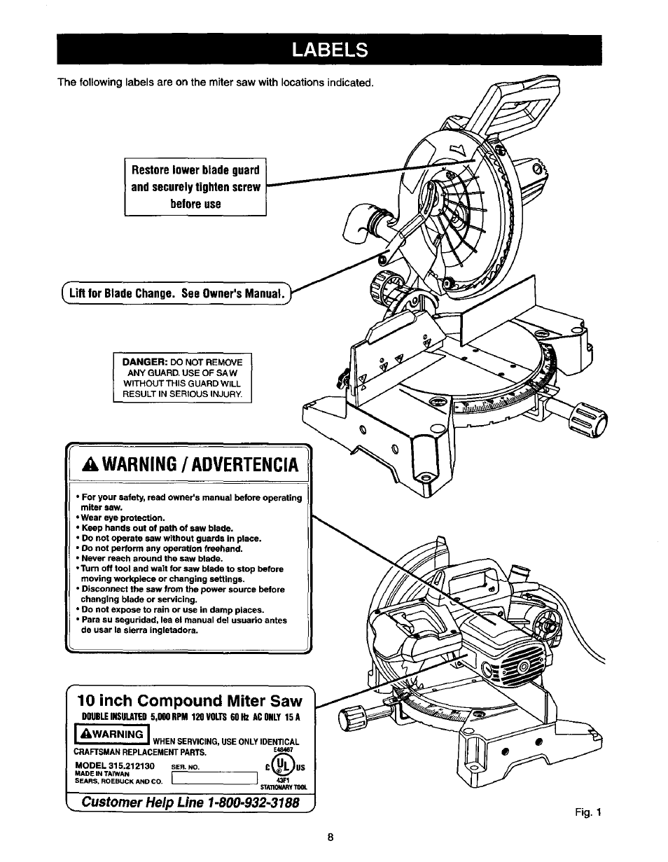 Labels, A warning/advertencia, 10 inch compound miter saw | Craftsman 315.212130 User Manual | Page 8 / 36