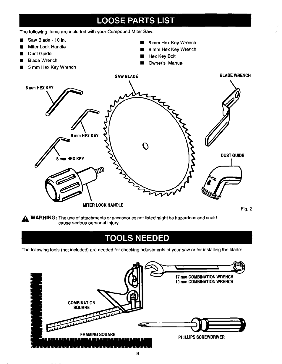 Loose parts list, Tools needed | Craftsman 315.212130 User Manual | Page 9 / 36