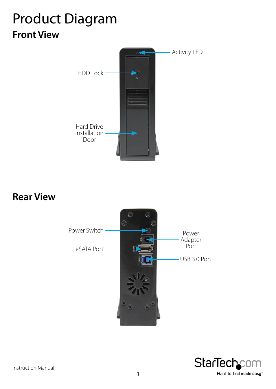 Product diagram, Front view, Rear view | Front view rear view | StarTech.com S3510BMU33ET User Manual | Page 4 / 11