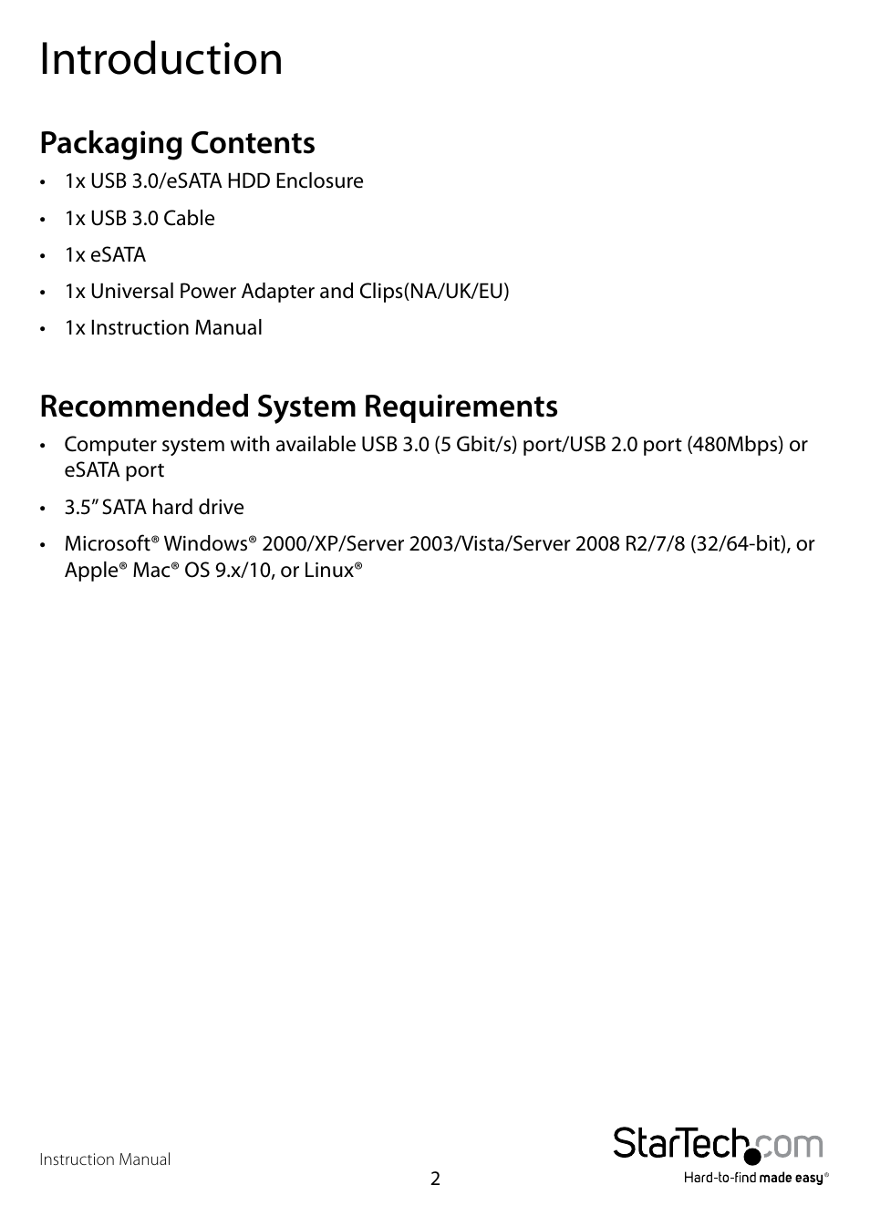 Introduction, Packaging contents, Recommended system requirements | Packaging contents recommended system requirements | StarTech.com S3510BMU33ET User Manual | Page 5 / 11