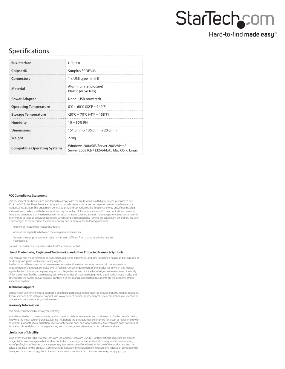 Specifications | StarTech.com SLMSOPTB User Manual | Page 2 / 2