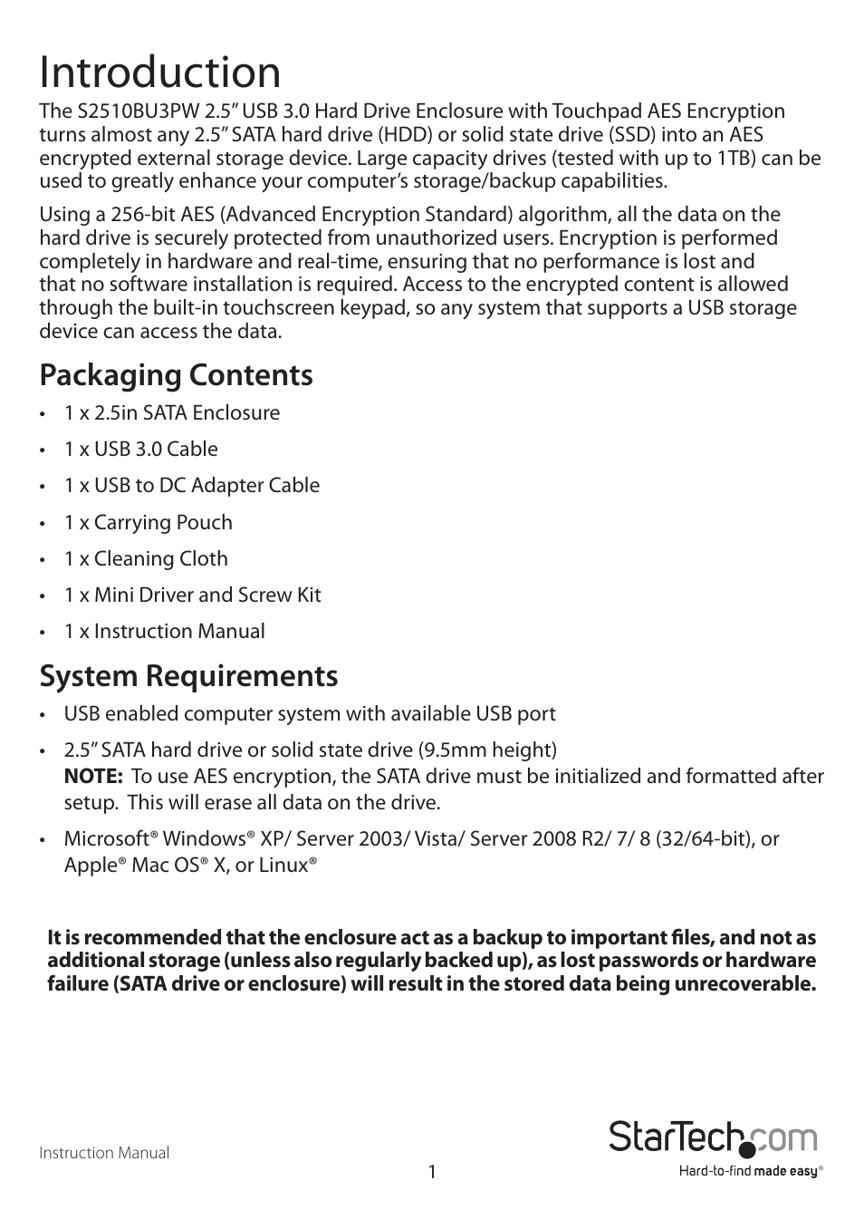 Introduction, Packaging contents, System requirements | StarTech.com S2510BU3PW User Manual | Page 4 / 15