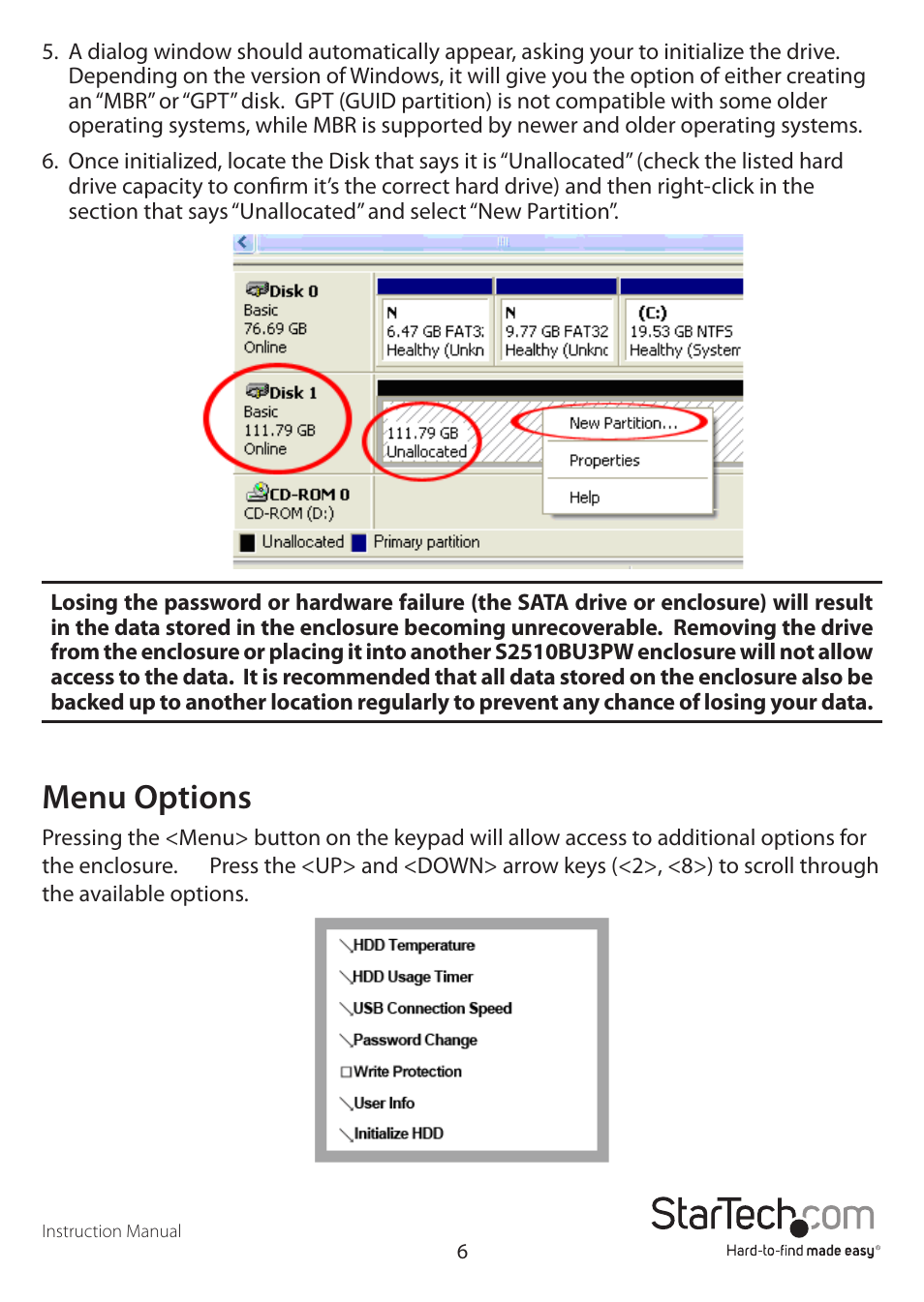 Menu options | StarTech.com S2510BU3PW User Manual | Page 9 / 15