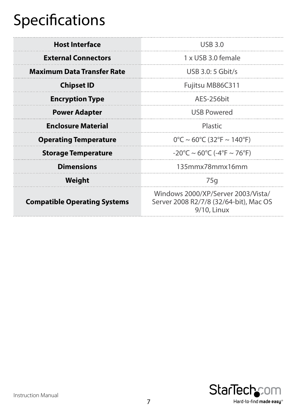 Specifications | StarTech.com S2510BU3ISO User Manual | Page 10 / 12