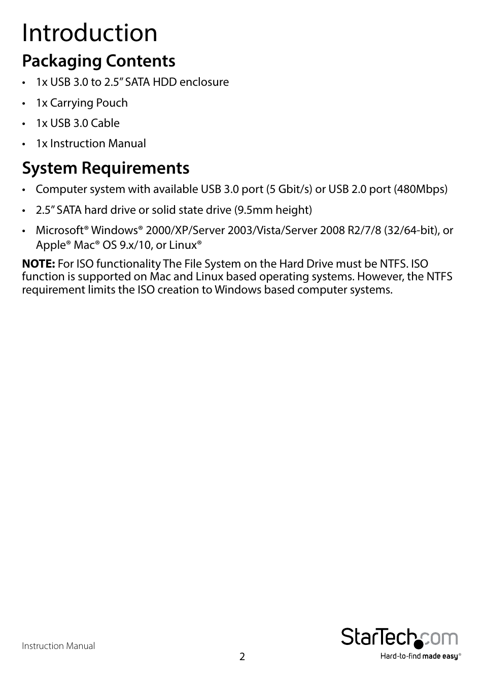 Introduction, Packaging contents, System requirements | Packaging contents system requirements | StarTech.com S2510BU3ISO User Manual | Page 5 / 12