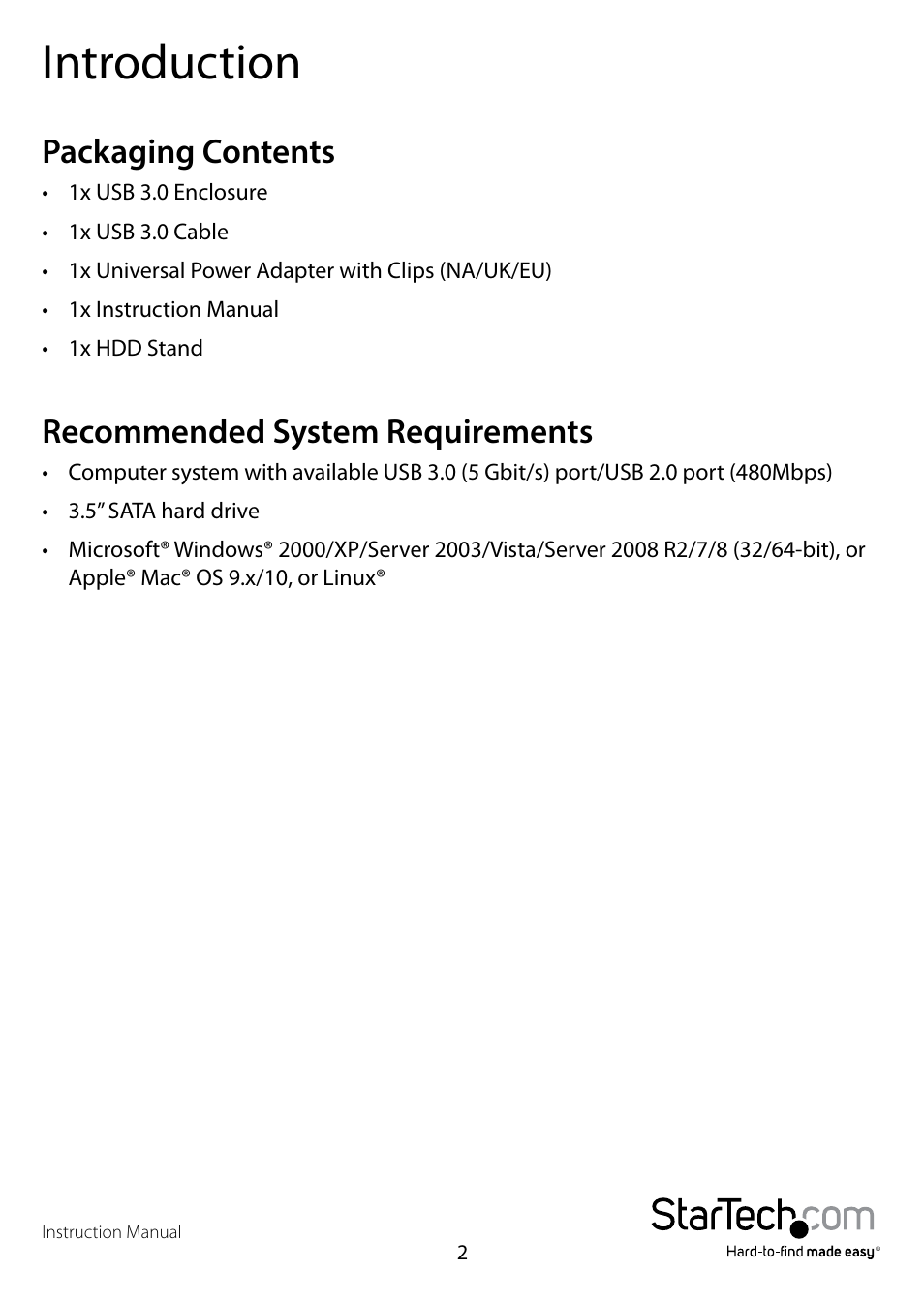 Introduction, Packaging contents, Recommended system requirements | Packaging contents recommended system requirements | StarTech.com S3510WMU33T User Manual | Page 5 / 10