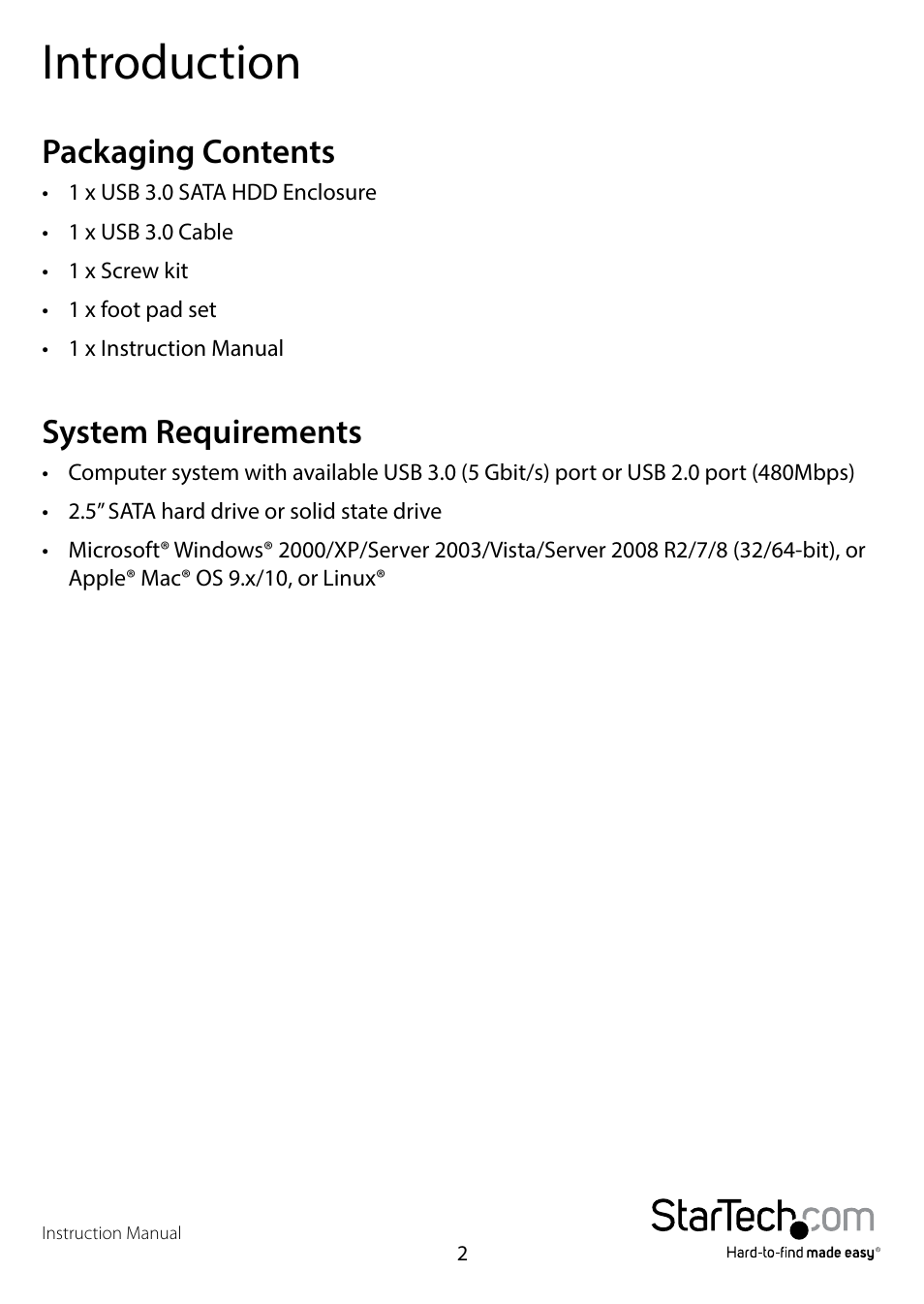 Introduction, Packaging contents, System requirements | Packaging contents system requirements | StarTech.com S2510SM12U33 User Manual | Page 5 / 14