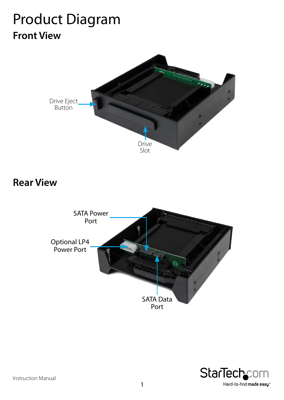 Product diagram, Front view, Rear view | Front view rear view | StarTech.com S2510U33RUSM User Manual | Page 4 / 11