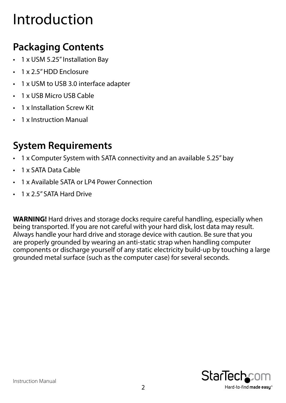 Introduction, Packaging contents, System requirements | Packaging contents system requirements | StarTech.com S2510U33RUSM User Manual | Page 5 / 11