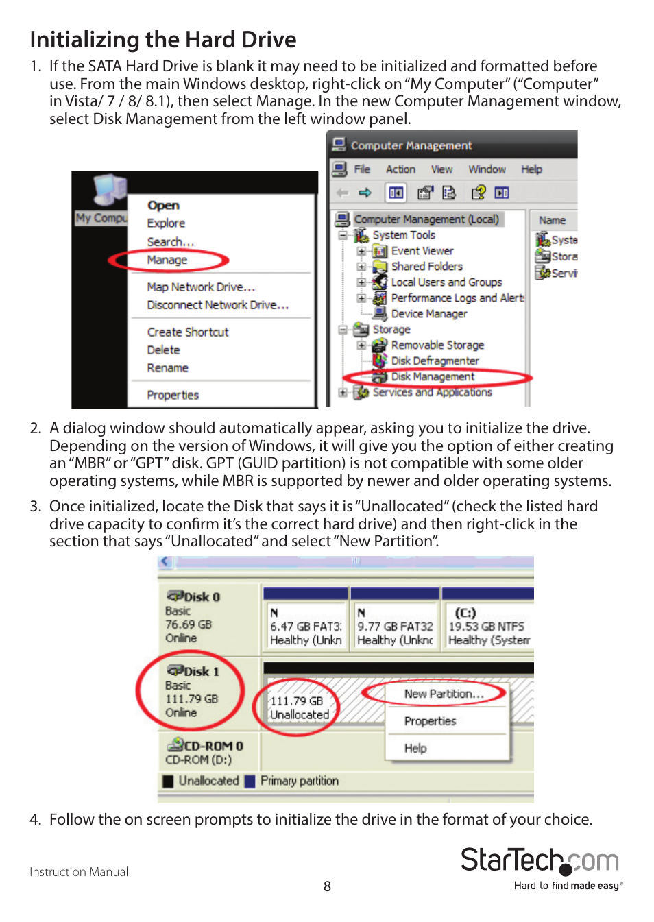 Initializing the hard drive | StarTech.com UNI251BMU33 User Manual | Page 11 / 14