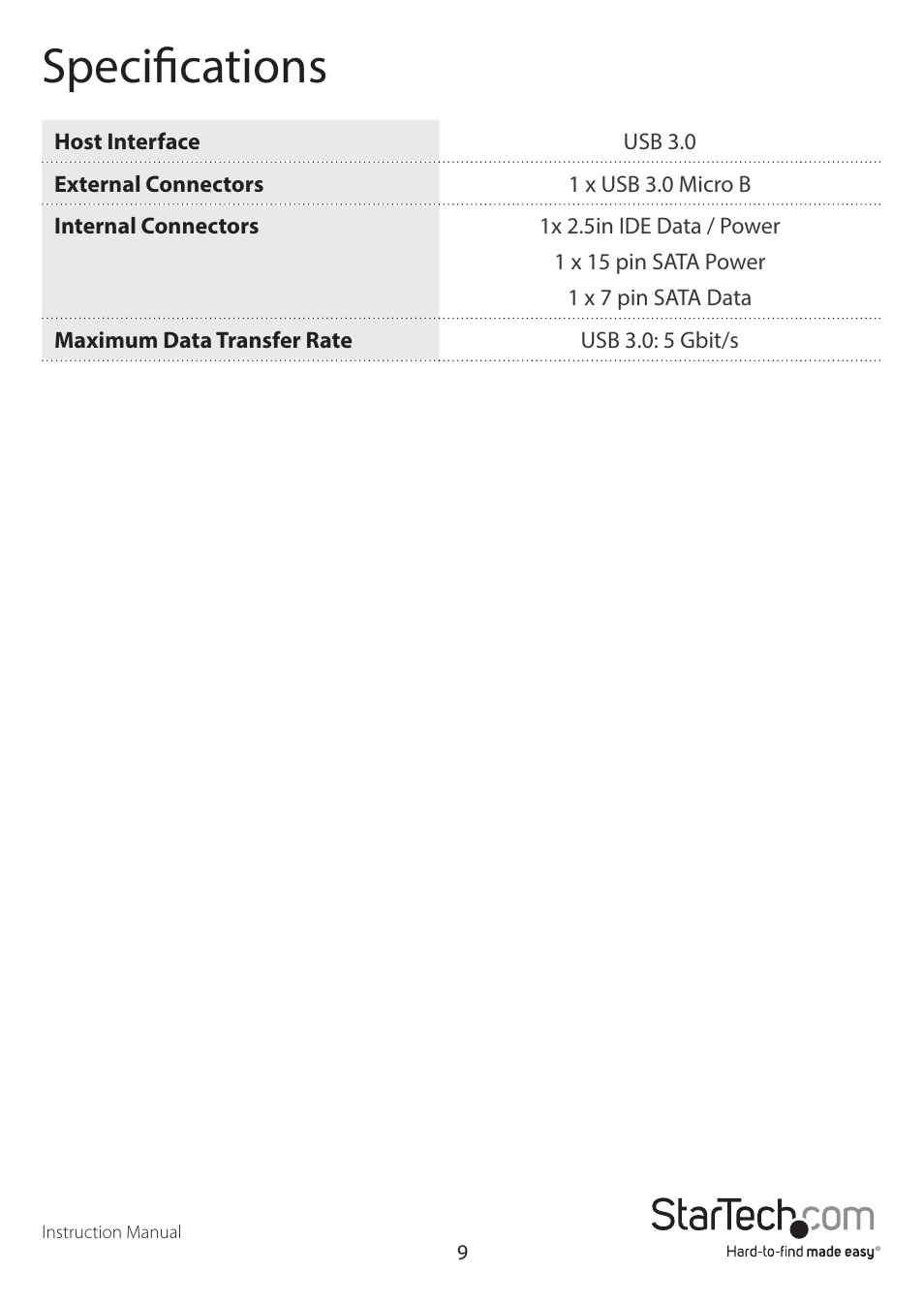 Specifications | StarTech.com UNI251BMU33 User Manual | Page 12 / 14