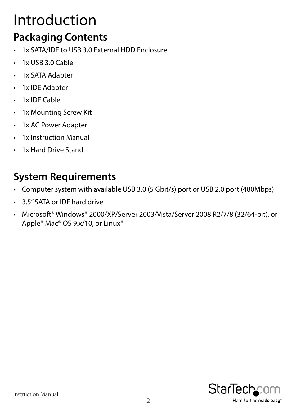 Introduction, Packaging contents, System requirements | Packaging contents system requirements | StarTech.com UNI3510BMU32 User Manual | Page 5 / 19