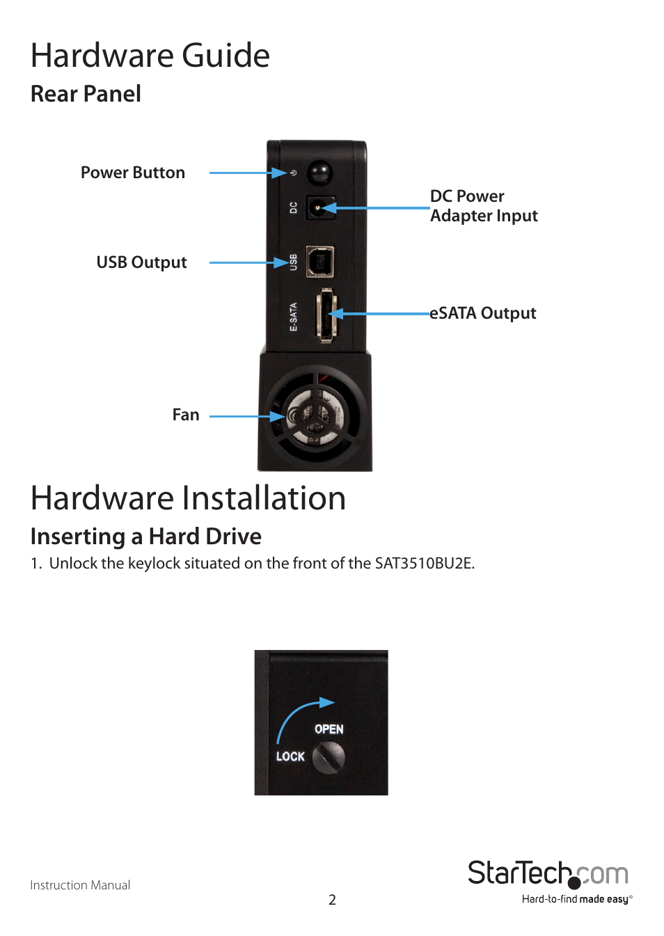 Hardware guide, Hardware installation, Rear panel | Inserting a hard drive | StarTech.com SAT3510BUEEU User Manual | Page 5 / 14