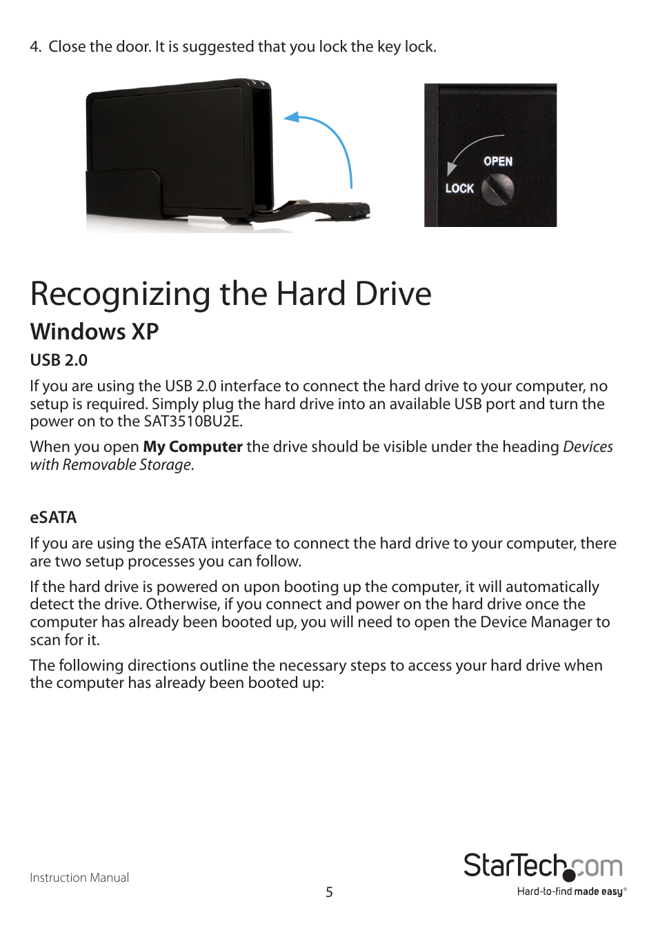 Recognizing the hard drive, Windows xp | StarTech.com SAT3510BUEEU User Manual | Page 8 / 14