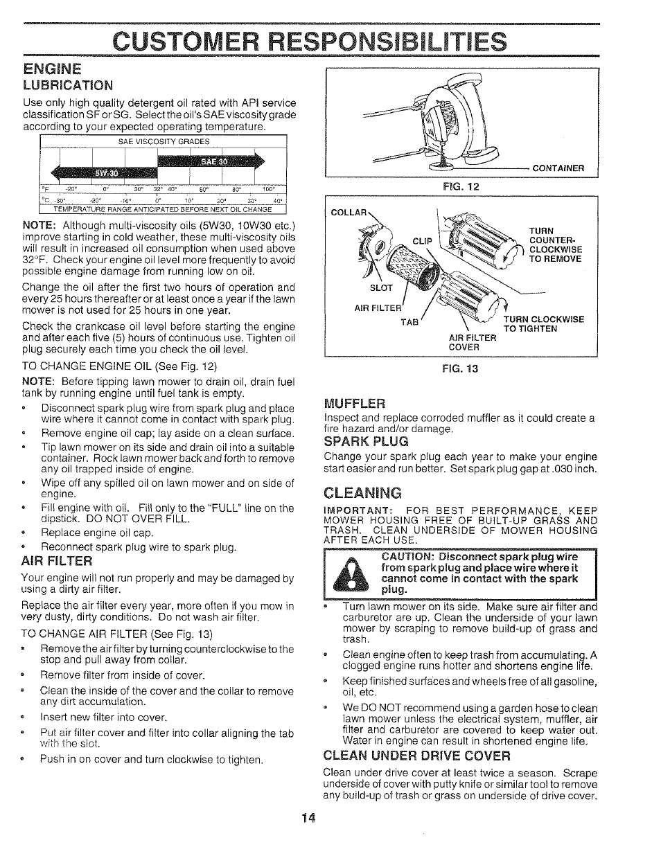 Engine, Lubrication, Air filter | Muffler, Spark plug, Cleaning, Clean under drive cover, Lubrication spark plug, Customer responsibilities | Craftsman 917.37459 User Manual | Page 14 / 32