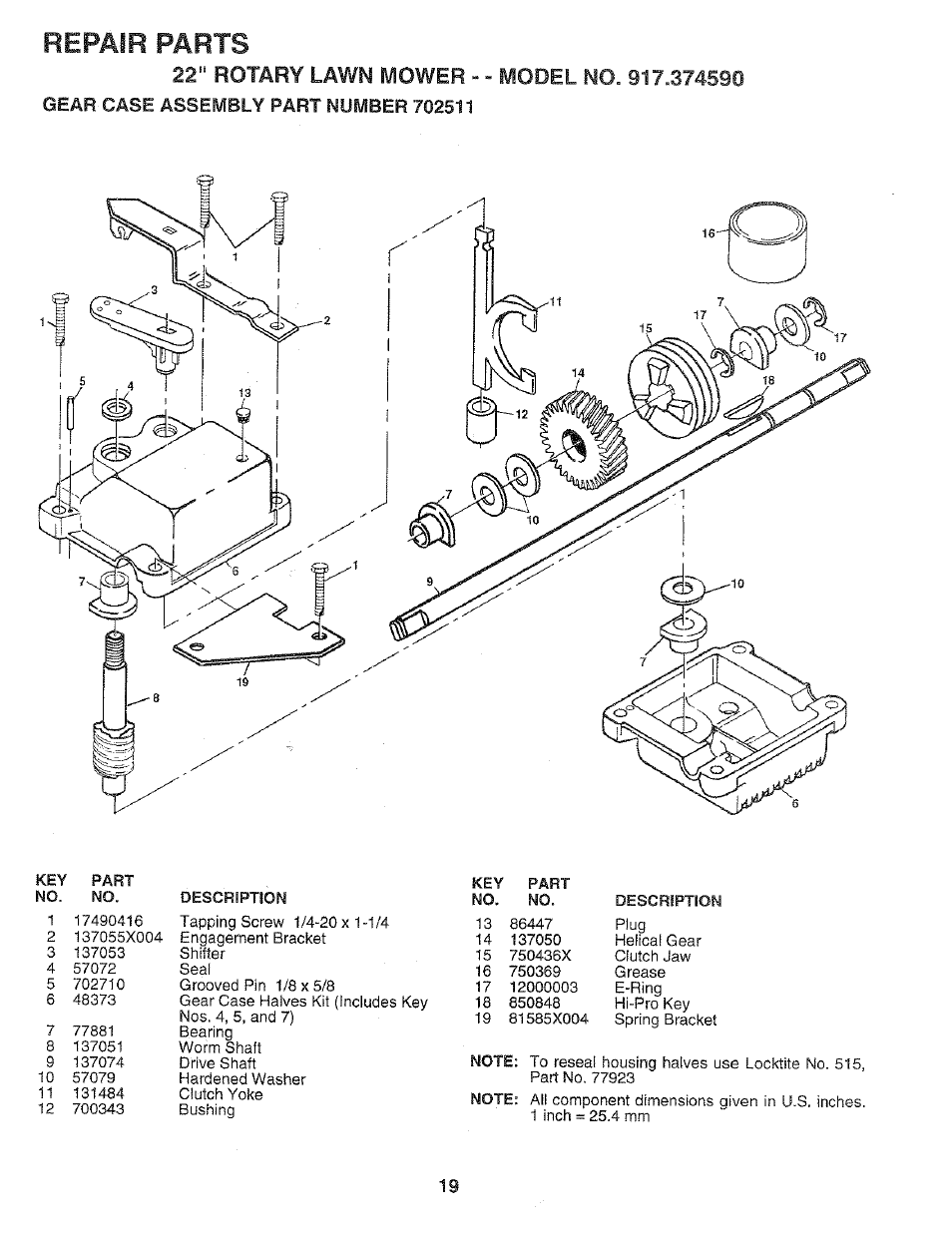 Gear case assembly part number 702511, Repair parts | Craftsman 917.37459 User Manual | Page 19 / 32