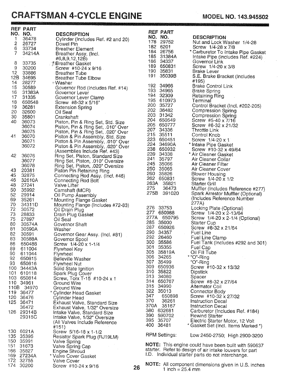 Engine, Craftsman 4-cycle | Craftsman 917.37459 User Manual | Page 26 / 32