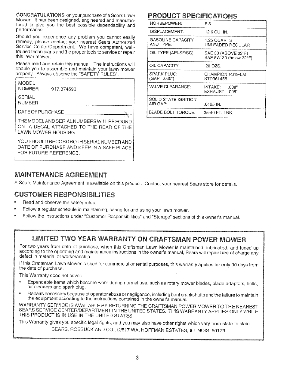 Product specifications, Maintenance agreement, Customer responsibilities | Limited two year warranty on craftsman power mower | Craftsman 917.37459 User Manual | Page 3 / 32