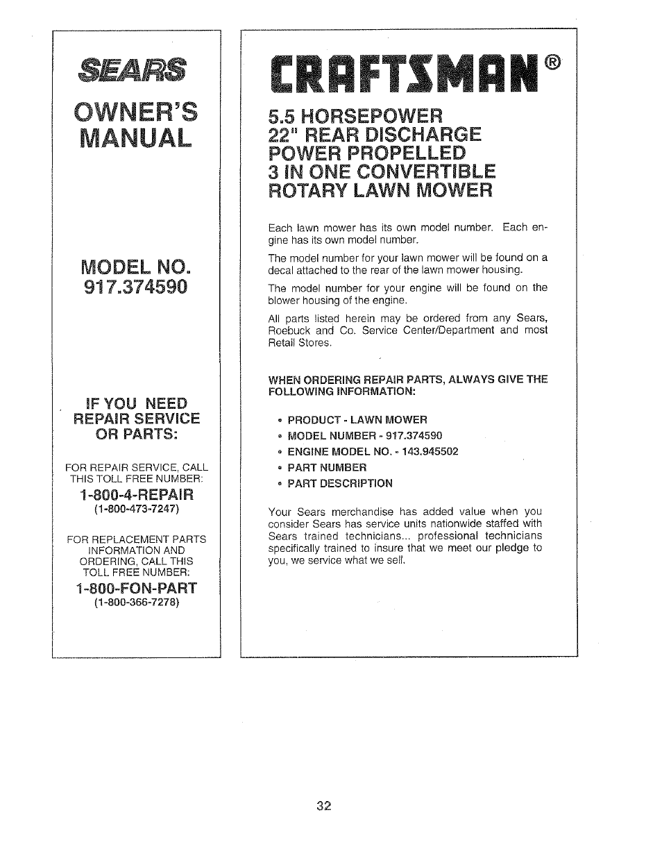 Owner’s, Manual, Model no | Horsepower, Rear discharge power propelled 3 in, Rotary, Fvfower | Craftsman 917.37459 User Manual | Page 32 / 32