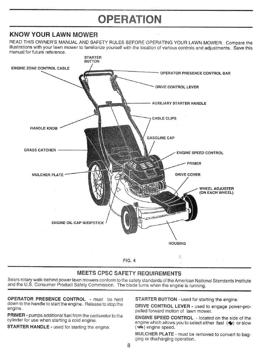 Meets cpsc safety requirements, Operation, Know your lawn mower | Craftsman 917.37459 User Manual | Page 8 / 32