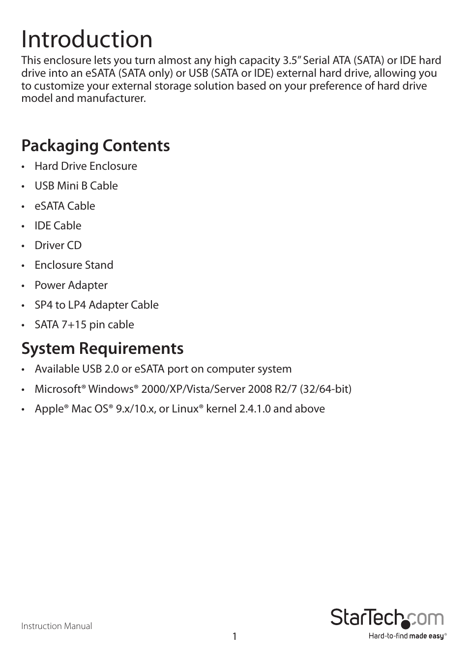 Introduction, Packaging contents, System requirements | StarTech.com UNI3510UEBGB User Manual | Page 4 / 13