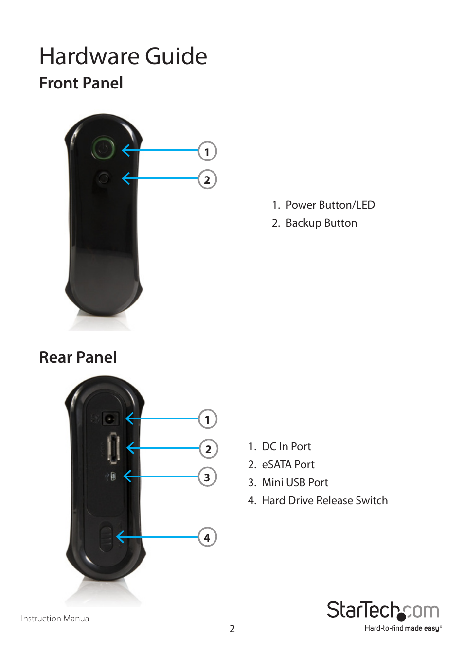 Hardware guide, Front panel rear panel | StarTech.com UNI3510UEBGB User Manual | Page 5 / 13