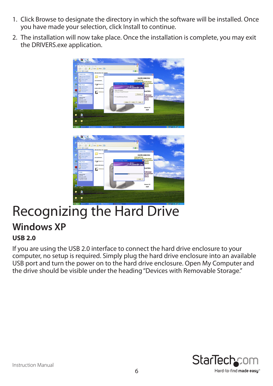 Recognizing the hard drive, Windows xp | StarTech.com UNI3510UEBGB User Manual | Page 9 / 13