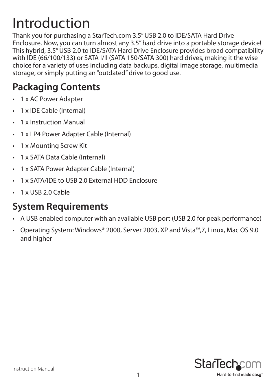 Introduction, Packaging contents, System requirements | StarTech.com UNI3510UEBGB User Manual | Page 4 / 14
