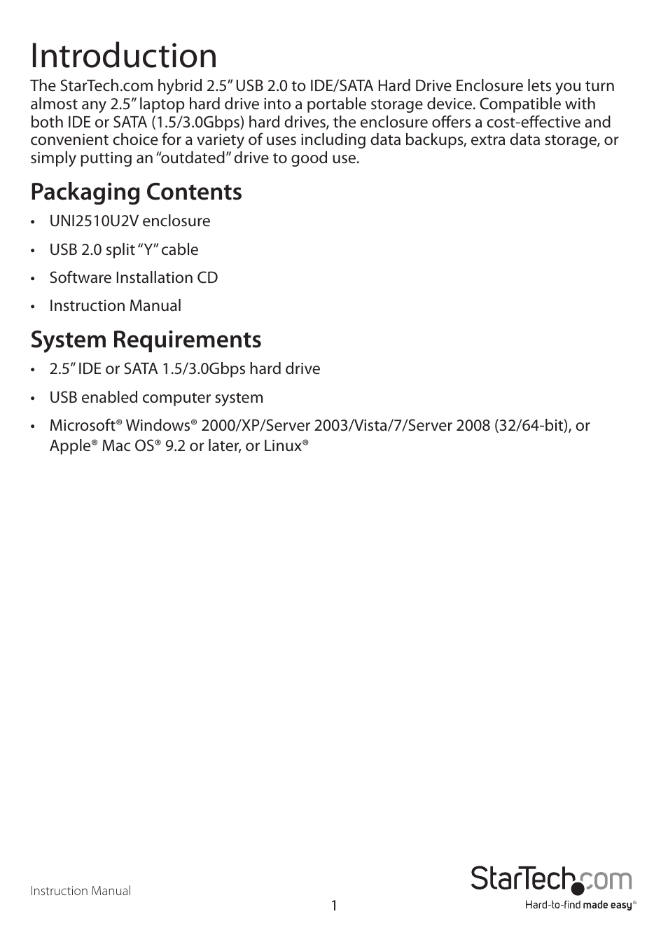 Introduction, Packaging contents, System requirements | StarTech.com UNI2510U2V User Manual | Page 4 / 11